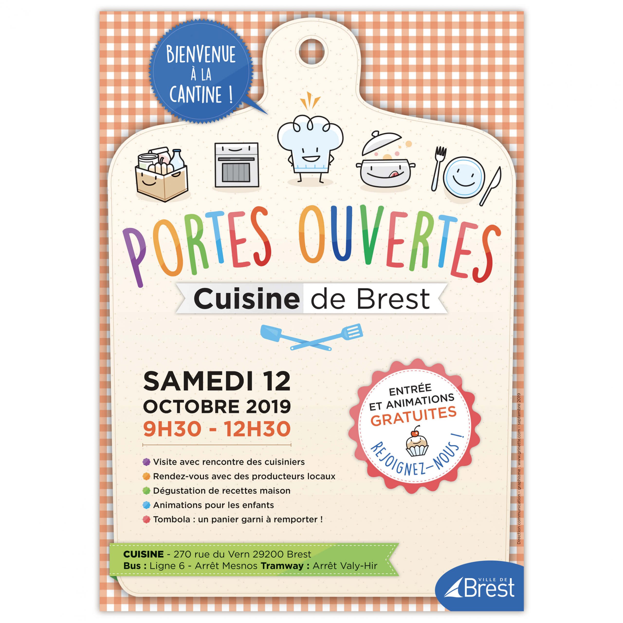 Ville de Brest, Portes ouvertes de la cuisine centrale des écoles publiques brestoises, création graphqiue affiche A3, flyer A5
