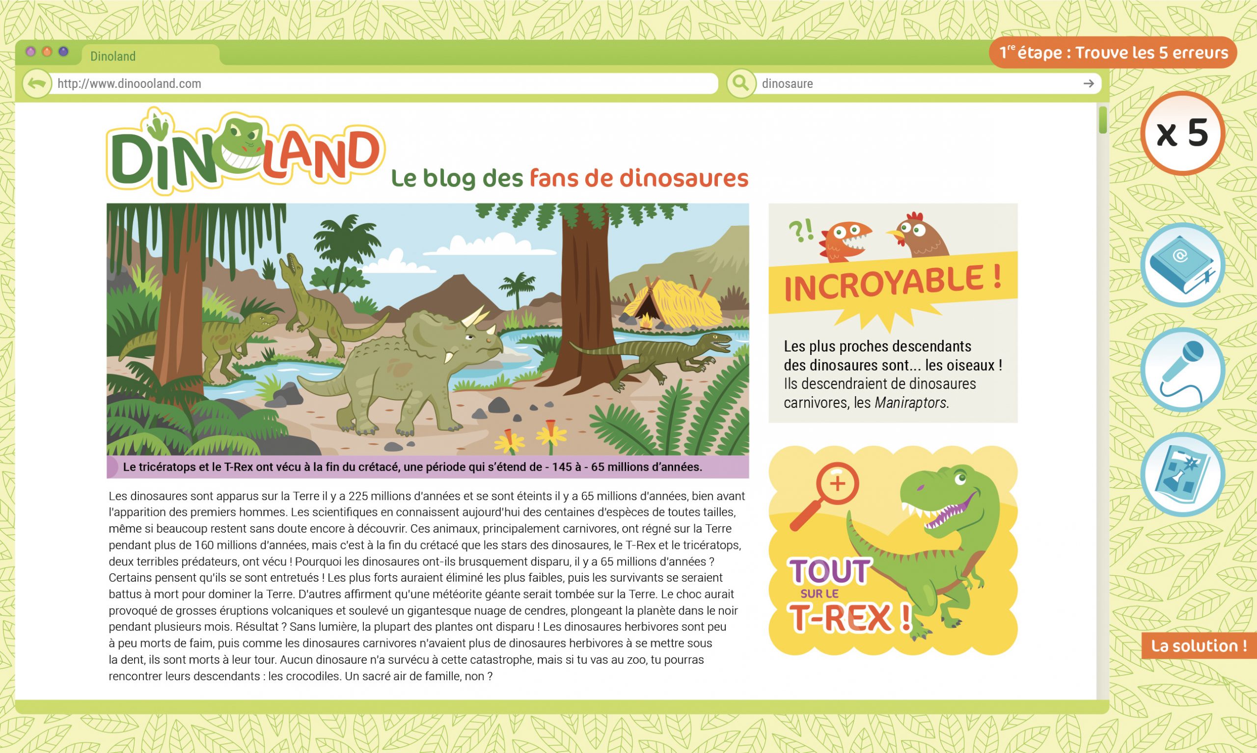 Milan Presse Bayam, Dinoland, trouve les erreurs ! , documentaire interactif pour les 7-10 ans, création graphique interface du jeu, illustrations